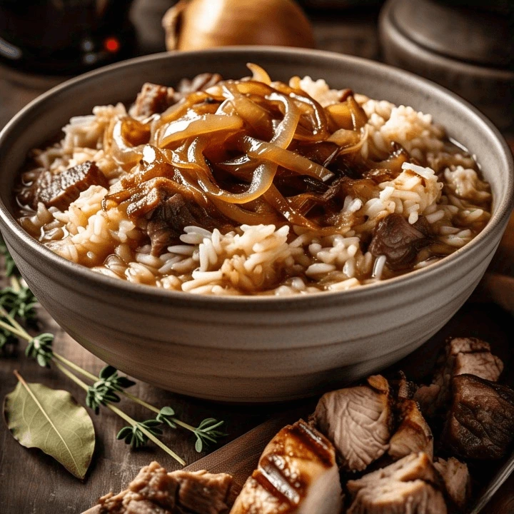 French Onion Soup Rice in a Cozy Kitchen Setting