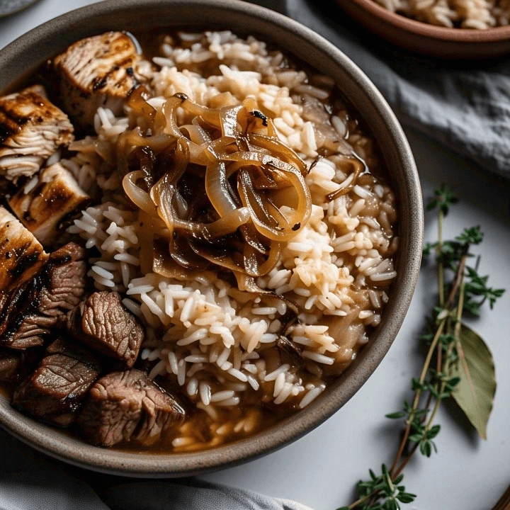 Close-up of French Onion Soup Rice with Herbs