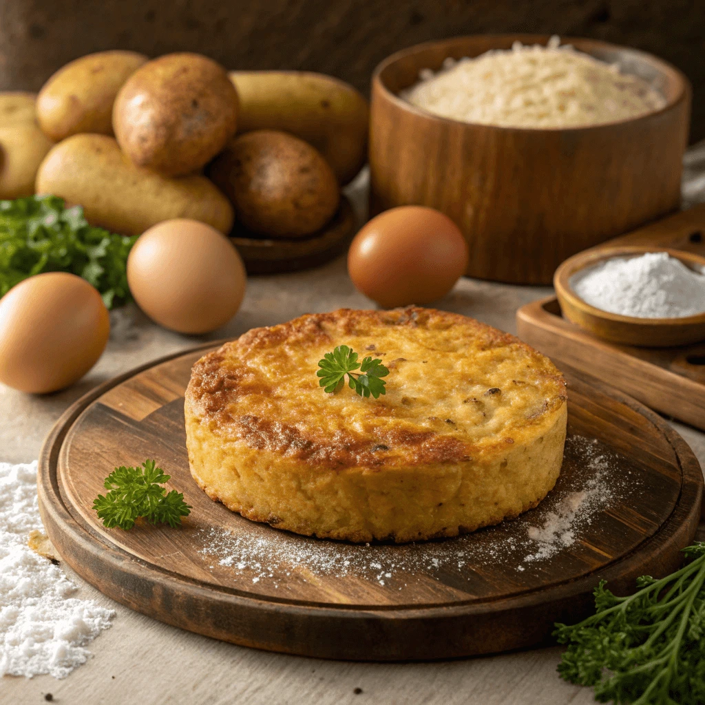 Small potato kugel recipe: rustic, golden-brown kugel served on a wooden platter