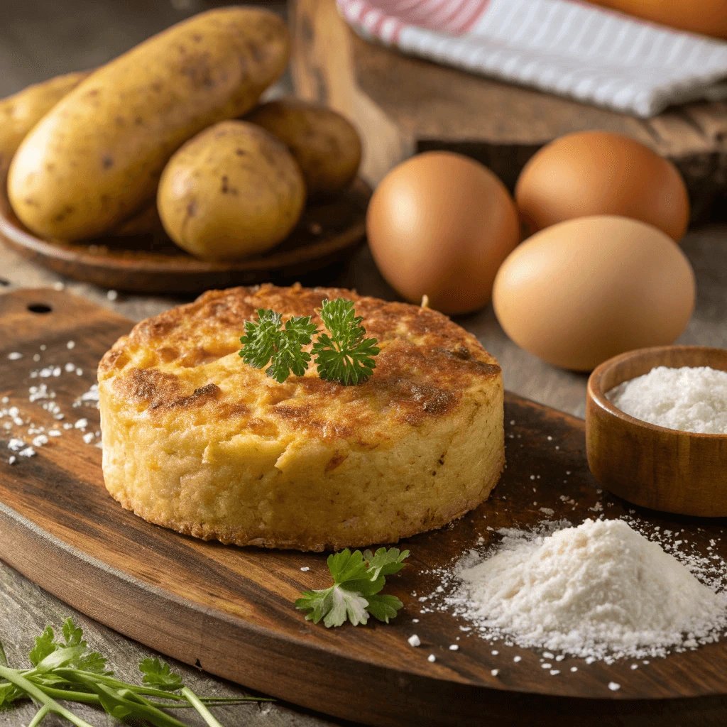 Small potato kugel recipe: homemade kugel with onions, eggs, and fresh parsley garnish