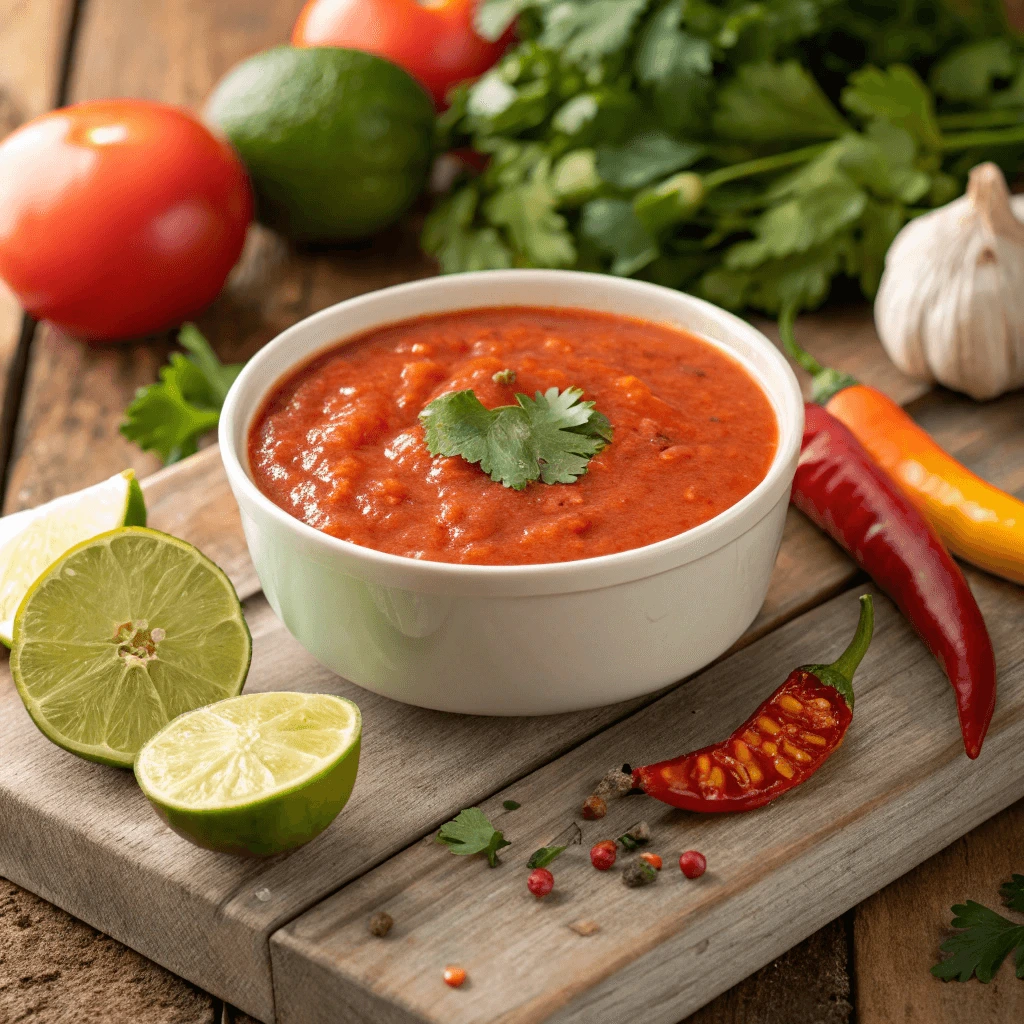 Fajita sauce in a bowl with fresh ingredients on a rustic table