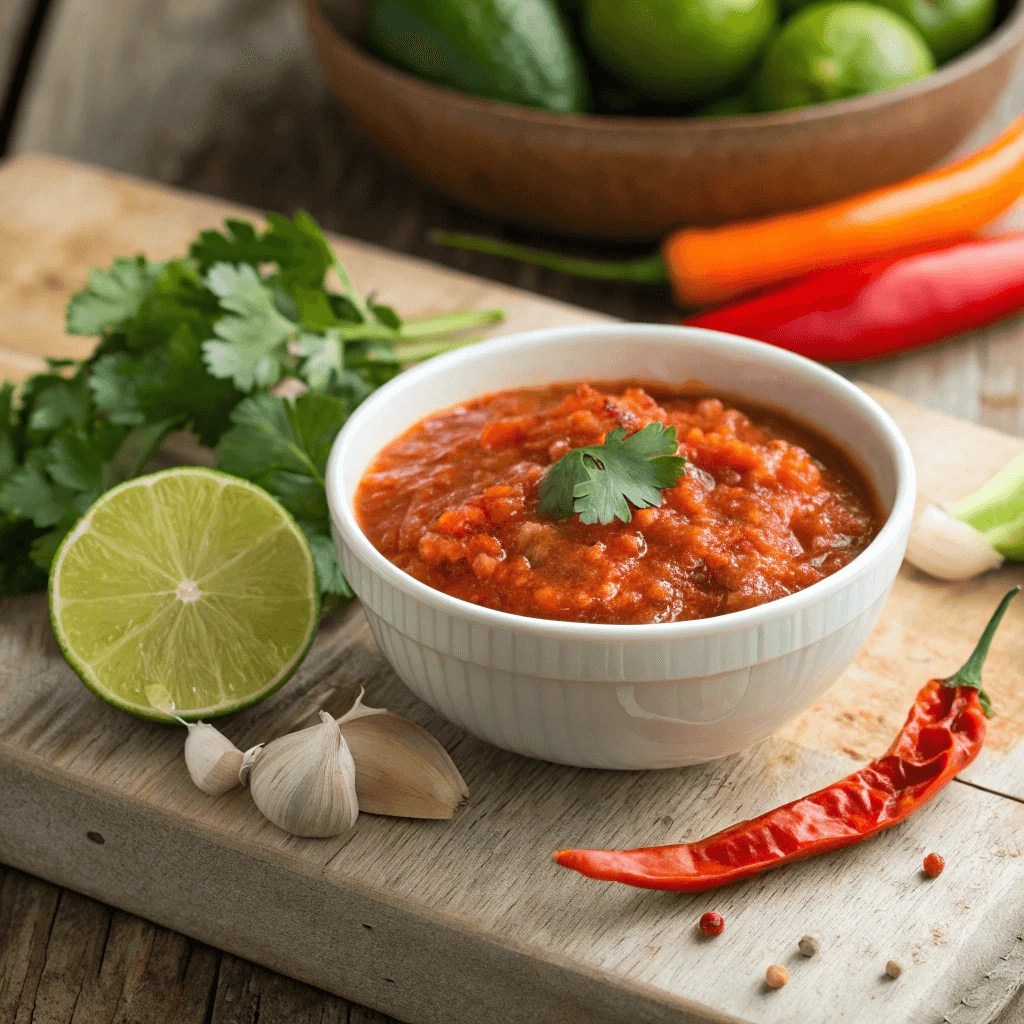 Homemade fajita sauce with cilantro and chili peppers