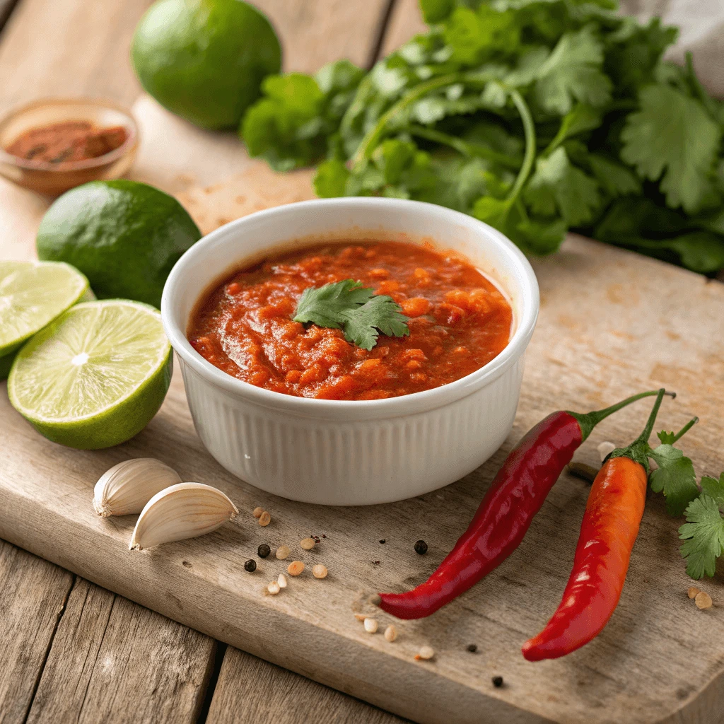 Fajita sauce in a jar with garlic, lime, and peppers around