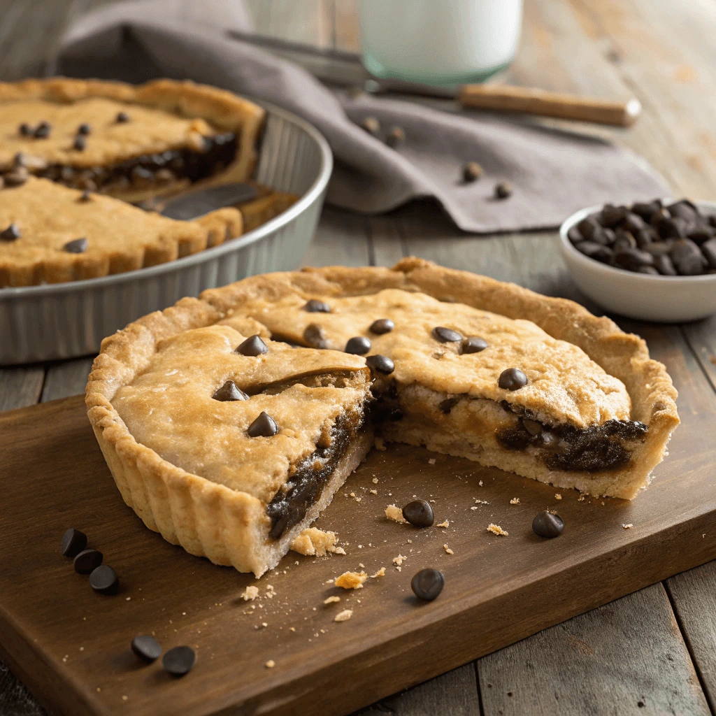 Toll House Pie slice with melted chocolate chips and a buttery crust.