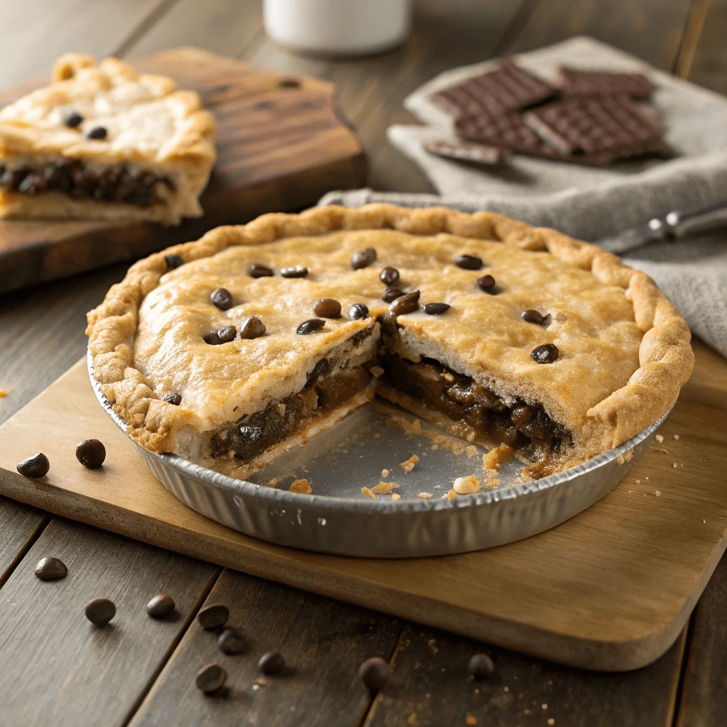 Homemade Toll House Pie with fresh chocolate chips and pie crust.