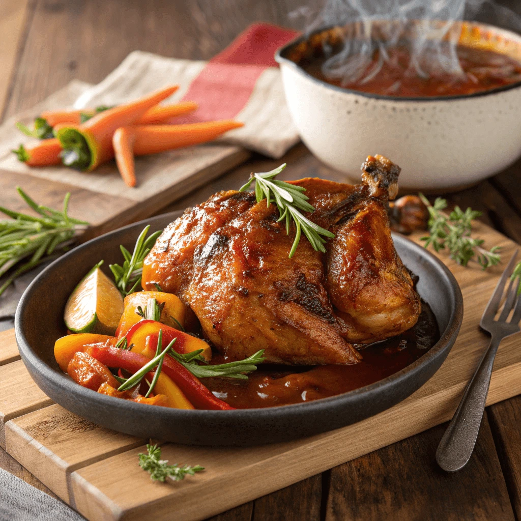 Braised chicken with BBQ sauce served on a rustic plate, garnished with fresh herbs.