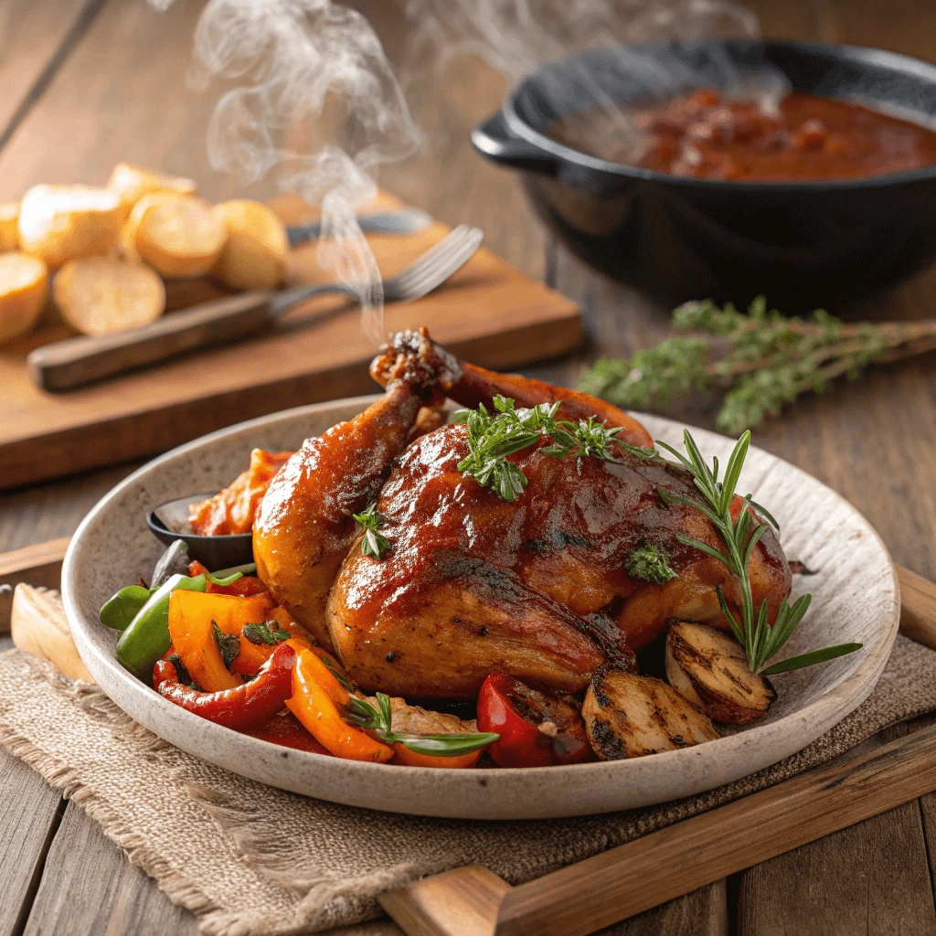 Close-up of braised chicken with BBQ sauce, showcasing its rich glaze and juicy texture.

