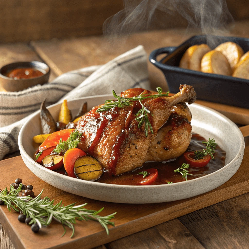 Braised chicken with BBQ sauce alongside roasted vegetables on a wooden table.