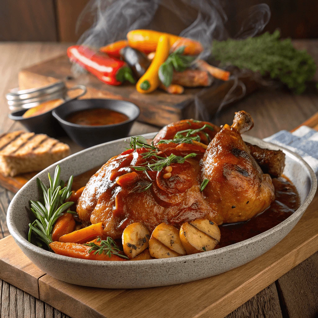 Braised chicken with BBQ sauce on a cutting board, ready to serve with extra sauce.

