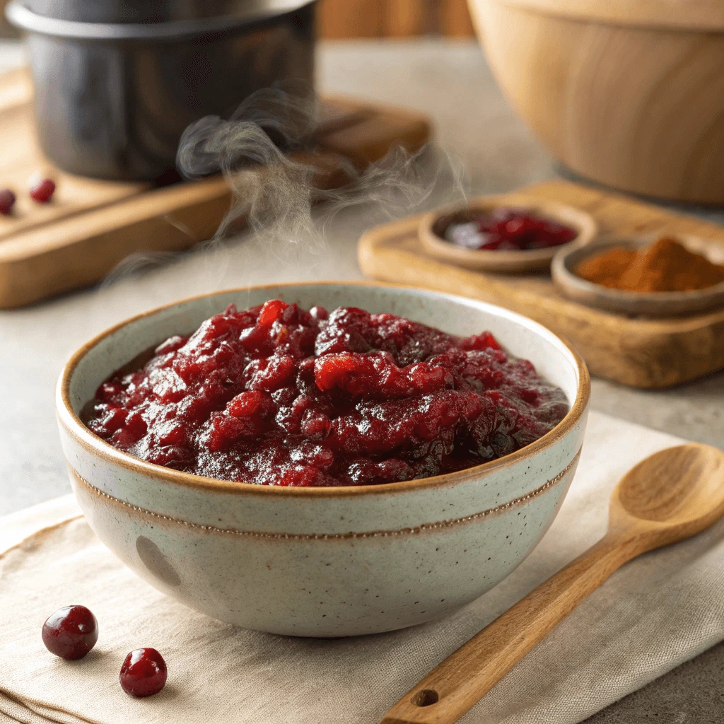 Over microwaved cranberry sauce in a white bowl with a wooden spoon beside it.