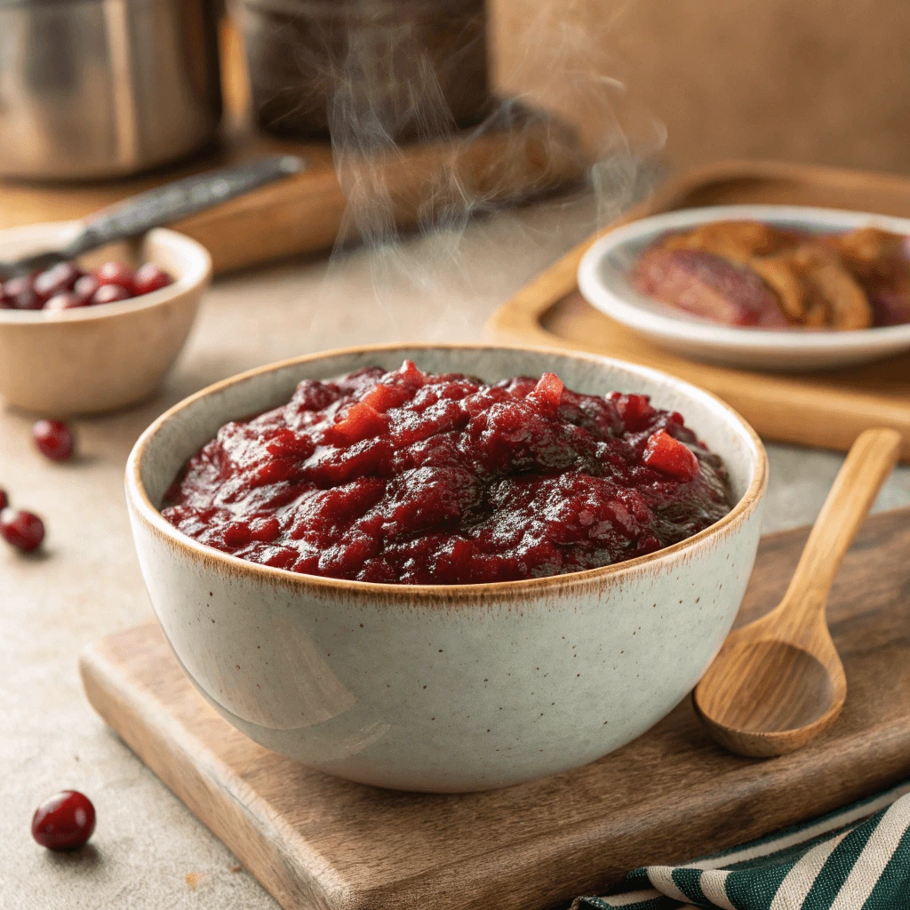 Over microwaved cranberry sauce being fixed with fresh orange zest and honey.