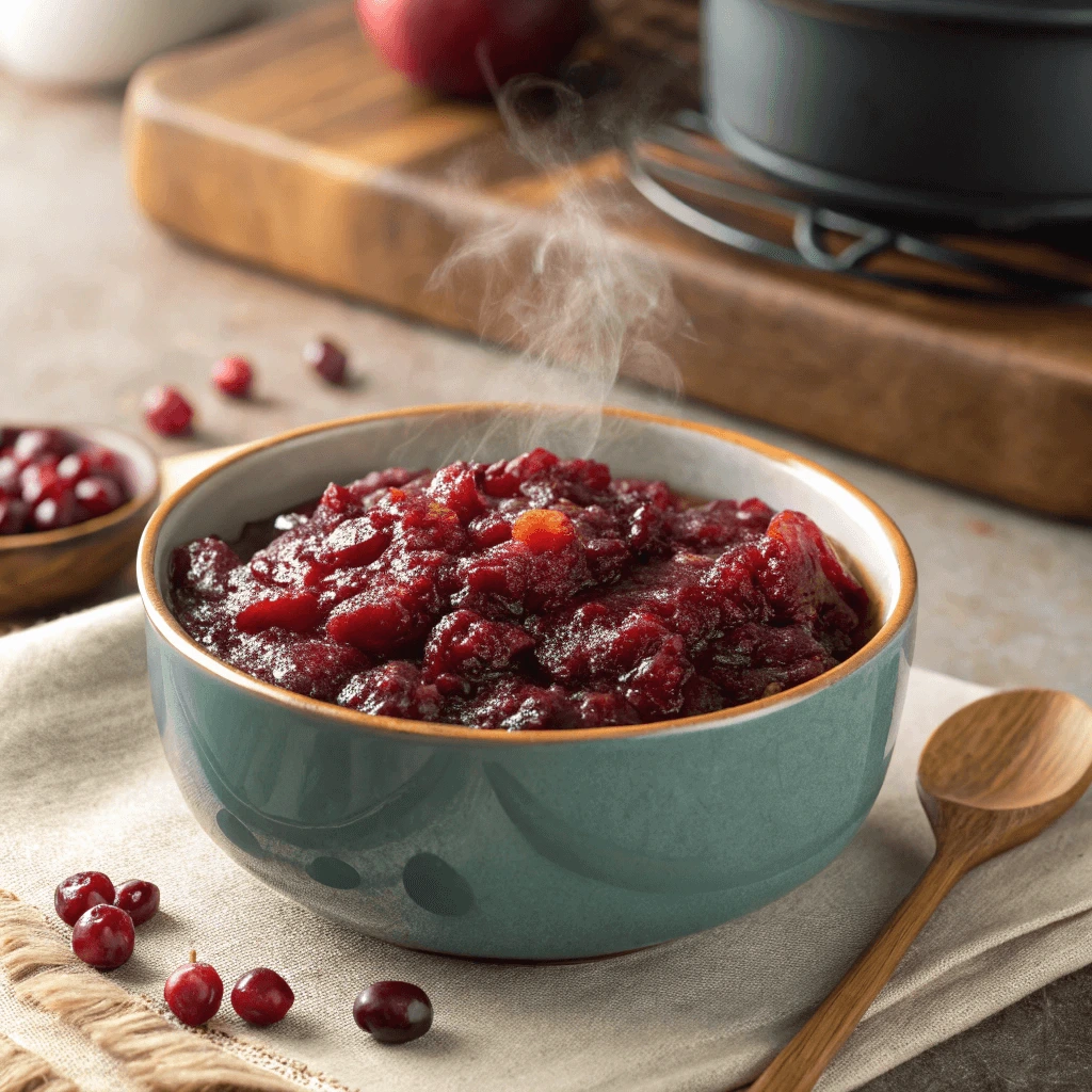 Microwave-safe bowl with cranberry sauce prepared for reheating.