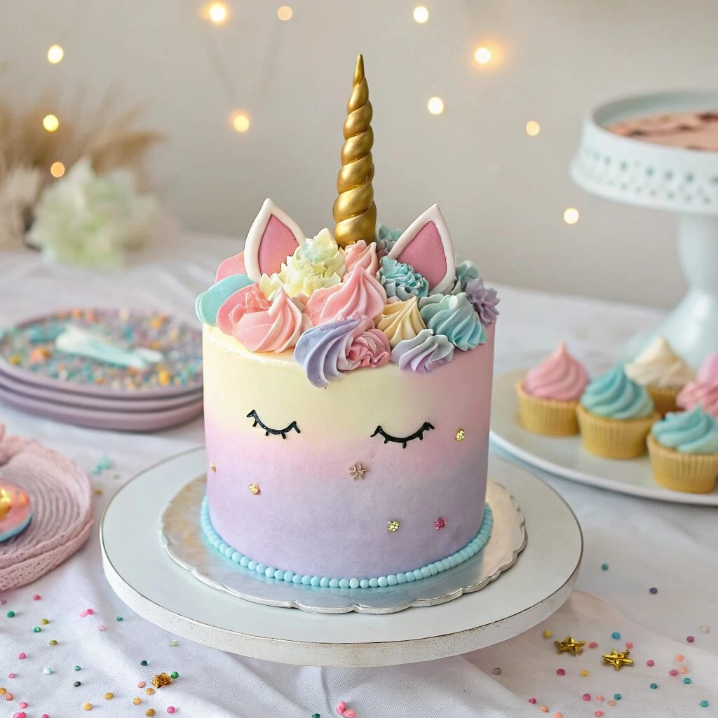 Unicorn cake with pastel frosting, golden horn, and rainbow layers.