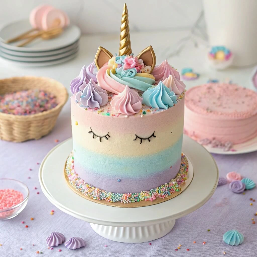 How to make a unicorn cake with colorful decorations and fondant ears.