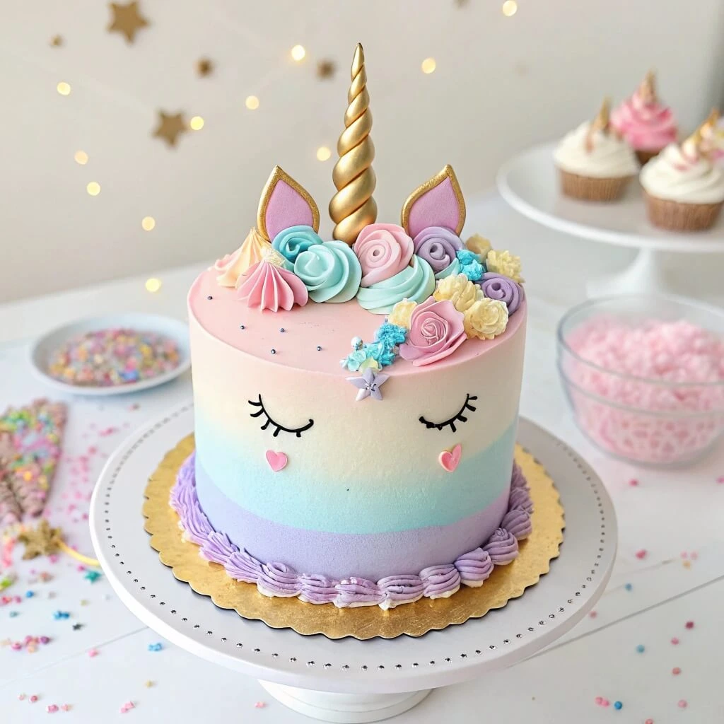 Unicorn cake with rainbow layers and whimsical frosting design.