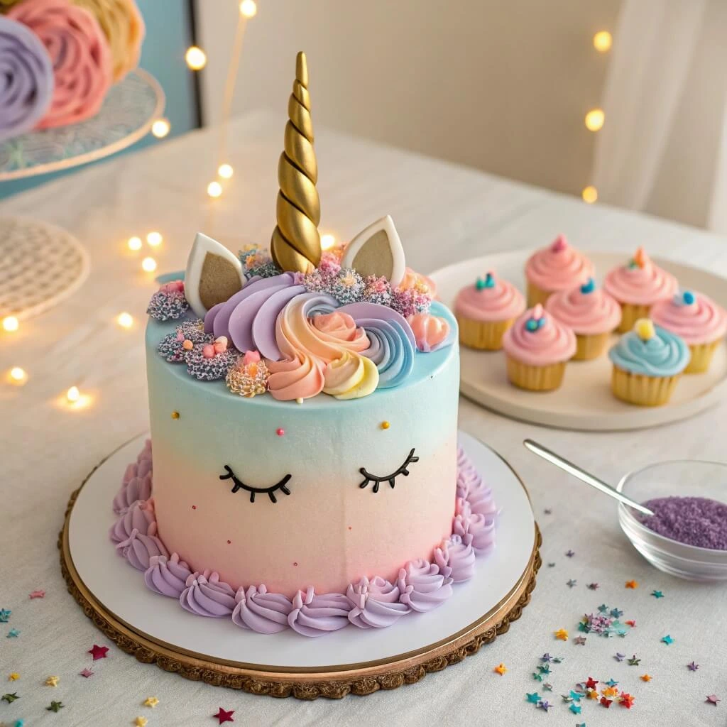 Best unicorn cake ideas with gold accents and pastel buttercream.