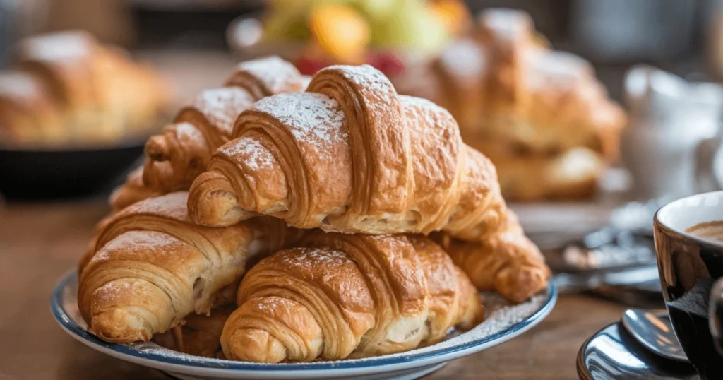 Freshly baked golden-brown Gipfeli on a wooden tray.