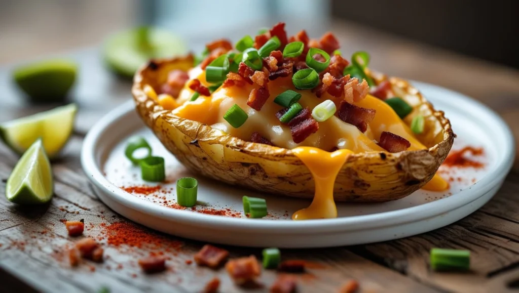 Crispy potato skins topped with cheese and green onions.