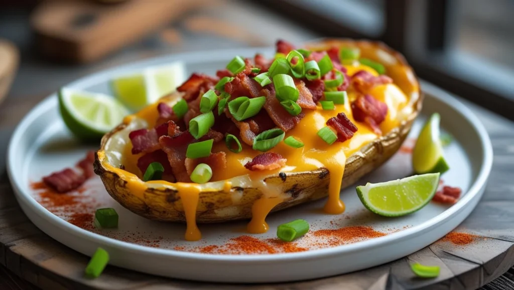 A close-up of baked potatoes with crispy edges.