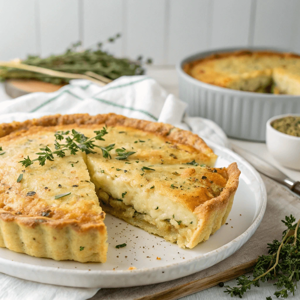 Passover Potato Pie being assembled with layers of fresh ingredients