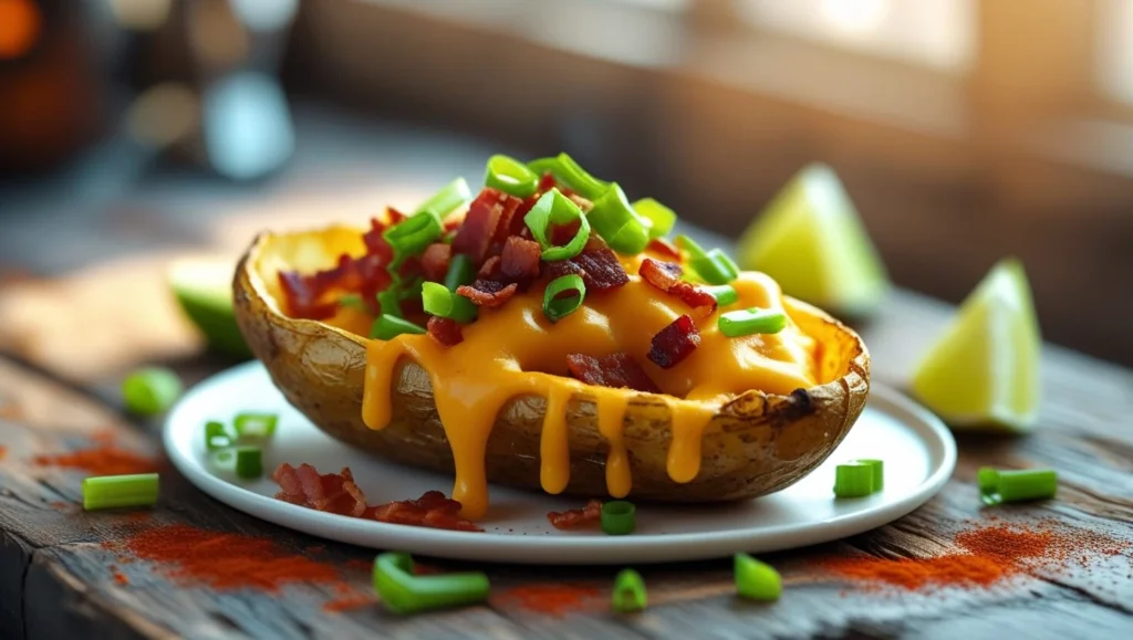 Potato halves filled with savory toppings, including sour cream.