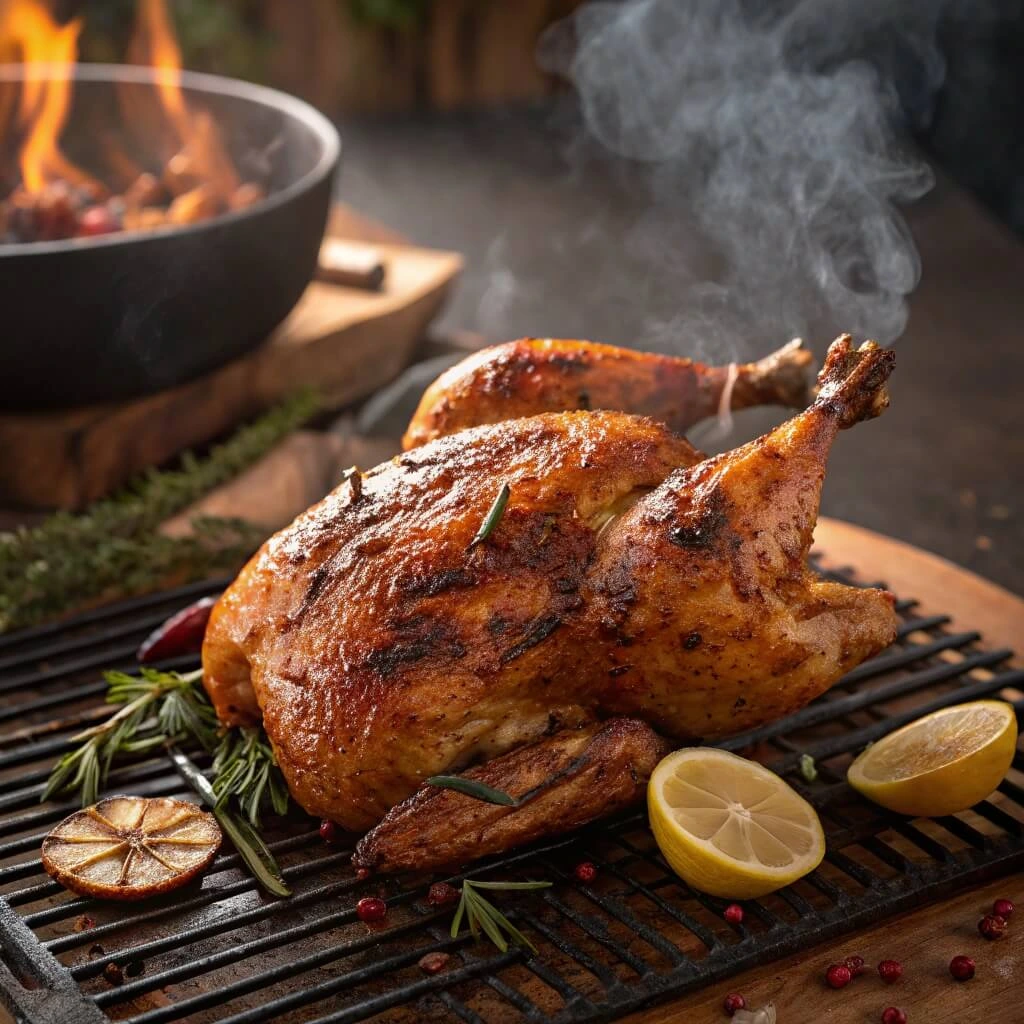 Charcoal chicken sizzling on a grill – A whole chicken with crispy, golden-brown skin is being grilled over glowing charcoal, creating a rich, smoky flavor.