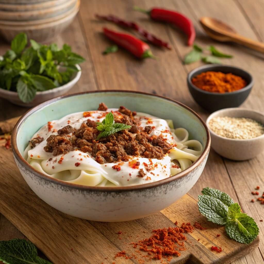 Turkish pasta with creamy garlic yogurt sauce and melted butter infused with red pepper flakes, garnished with fresh herbs.