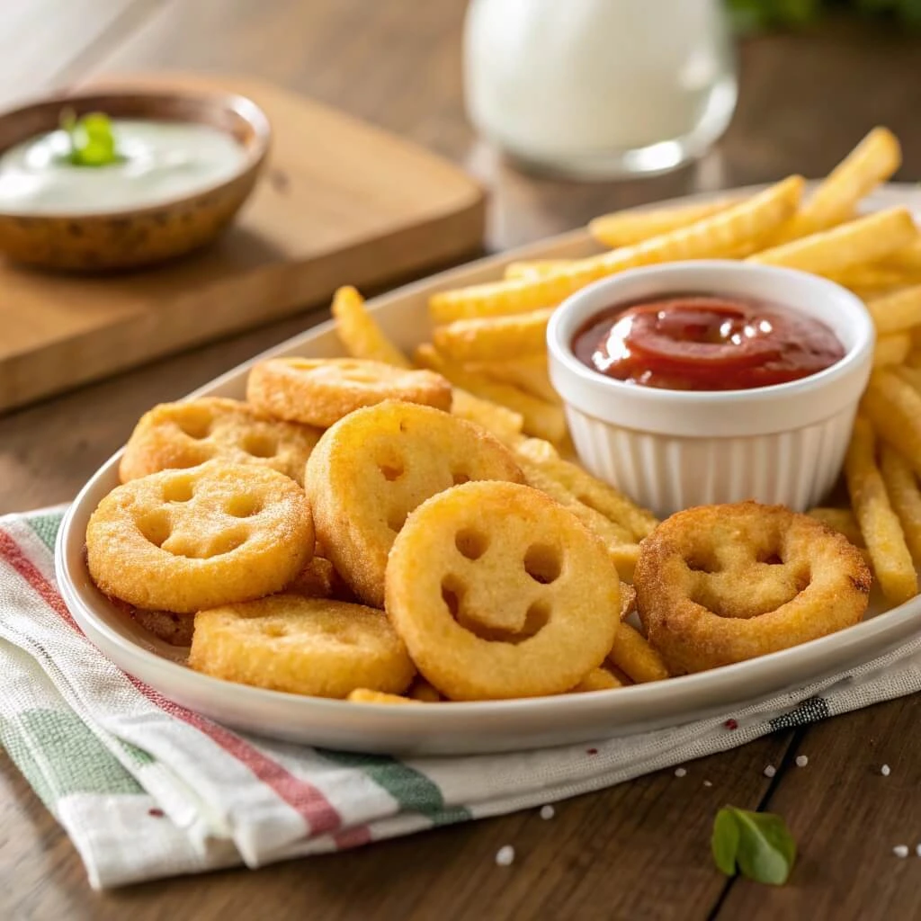 Smiley fries served on a plate with ketchup and ranch dip