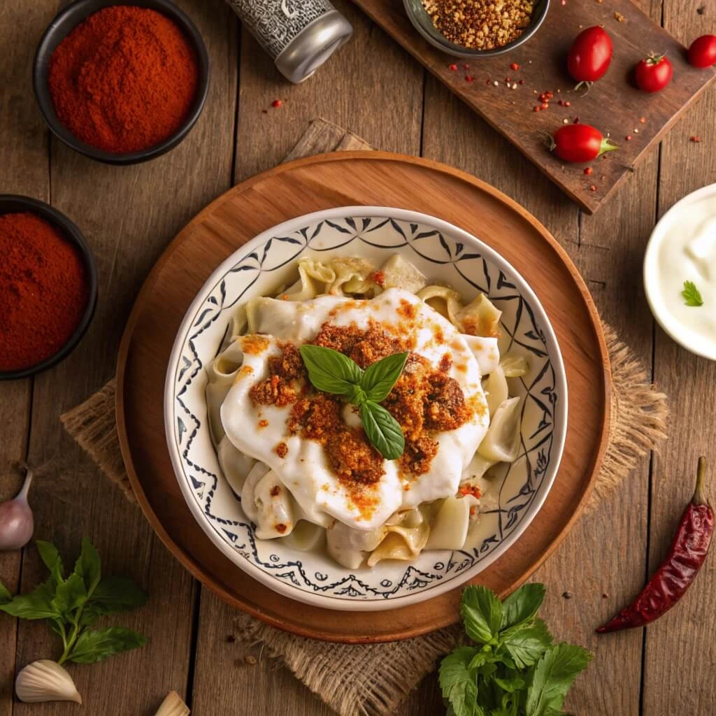 Hearty Turkish pasta with a slow-cooked tomato-based meat sauce made from lamb, cumin, and Turkish red pepper paste.