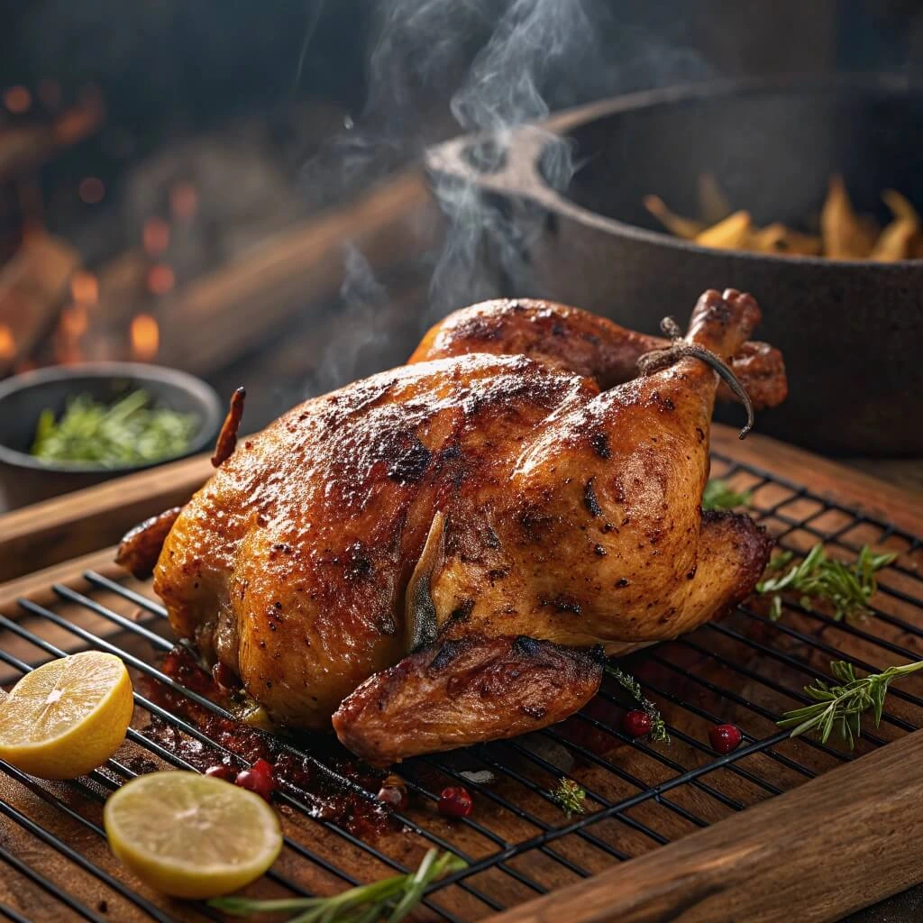 Charcoal chicken with fresh herbs and lemon – A perfectly grilled charcoal chicken is plated with rosemary, parsley, and lemon wedges, highlighting its smoky aroma and mouthwatering texture.