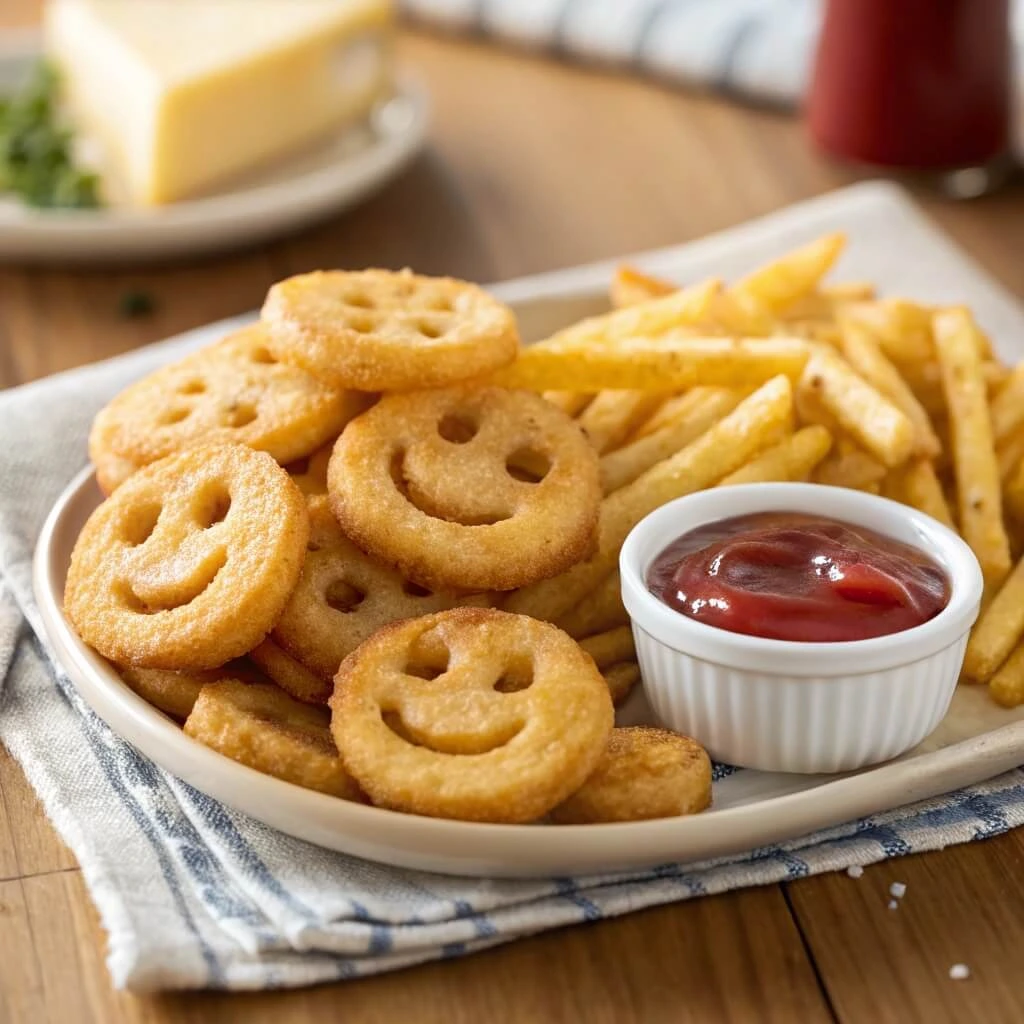 Air fryer smiley fries in a basket, crispy and golden

