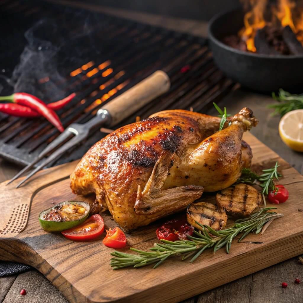 BQ charcoal chicken with side dishes – A flavorful, grilled whole chicken is served with charred corn, grilled bell peppers, and dipping sauces, making it the perfect BBQ feast.