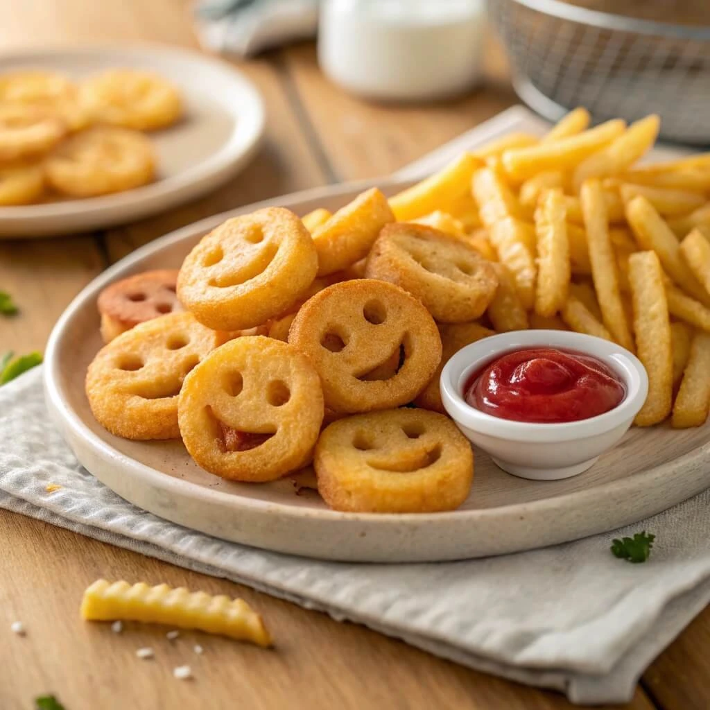 Smiley fries arranged on a party platter with burgers and fries

