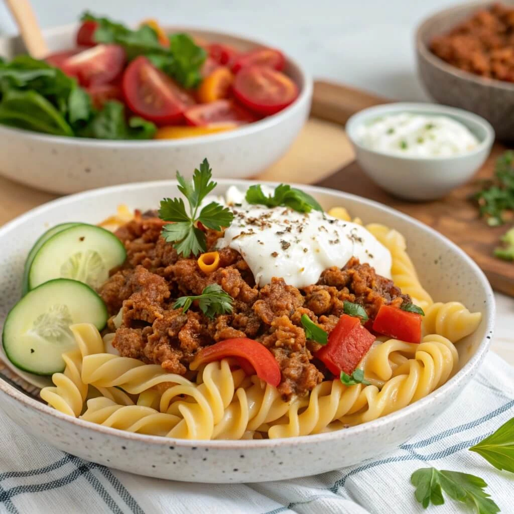 A vibrant plate of Turkish pasta paired with a fresh Turkish salad made of cucumbers, tomatoes, red onions, and sumac dressing.