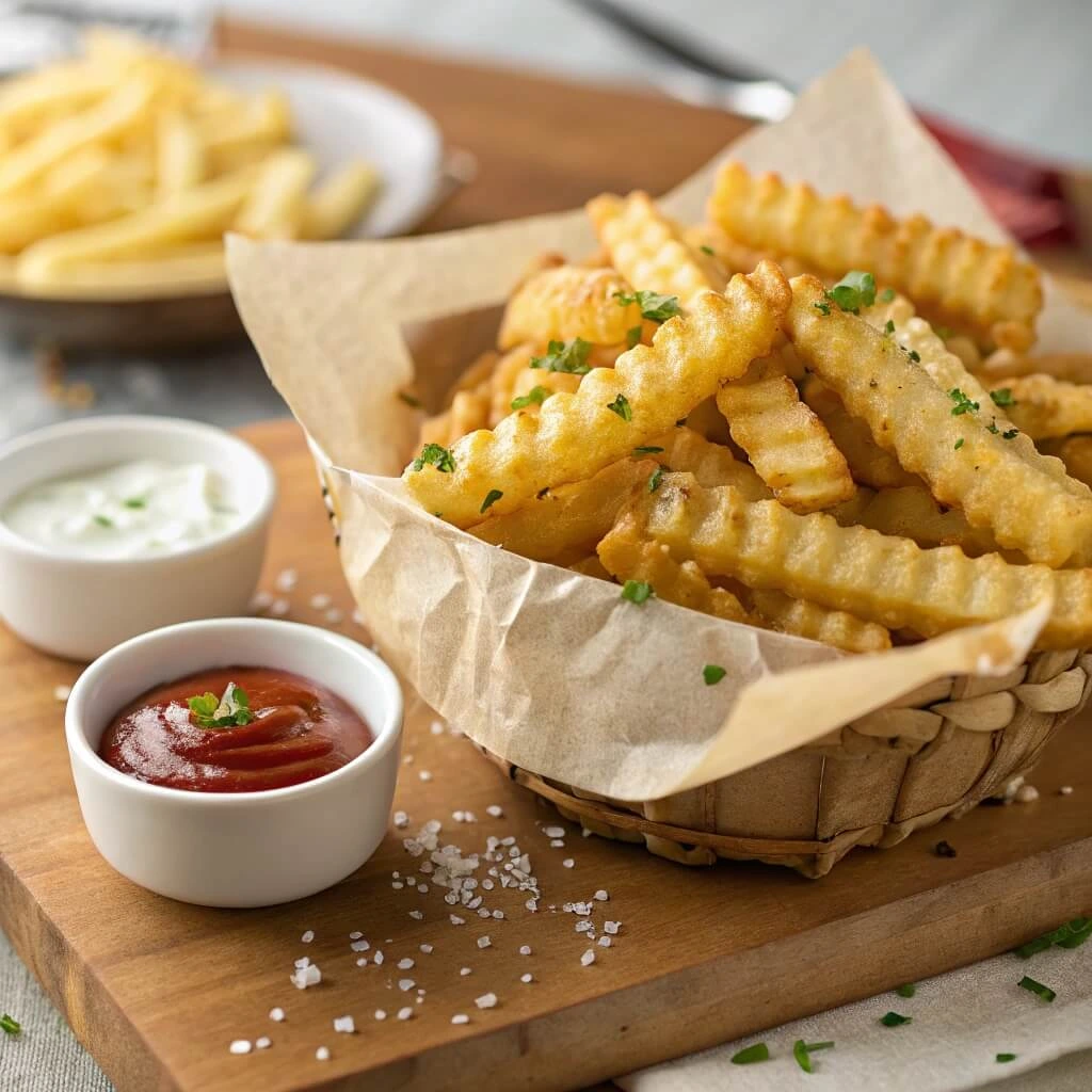 Crinkle cut fries served in a basket with dipping sauces