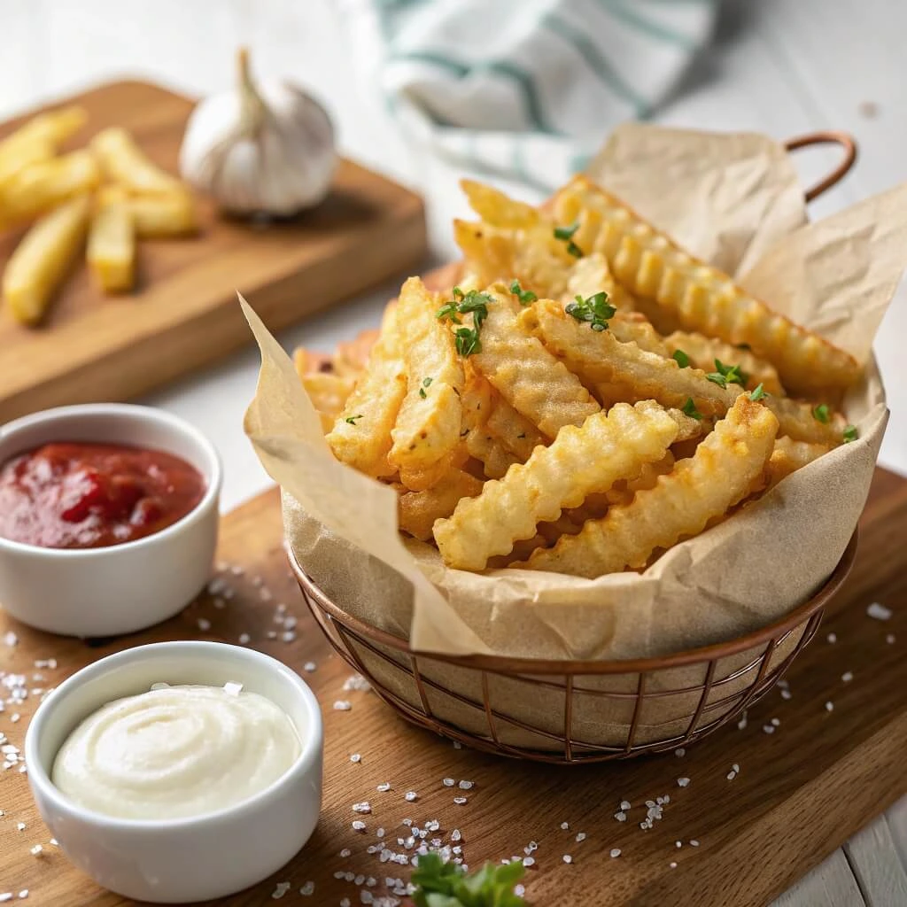 Frozen crinkle cut fries cooking in an air fryer for extra crispiness