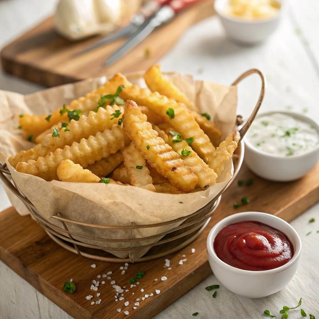 Crinkle cut fries sprinkled with seasoning on a wooden board