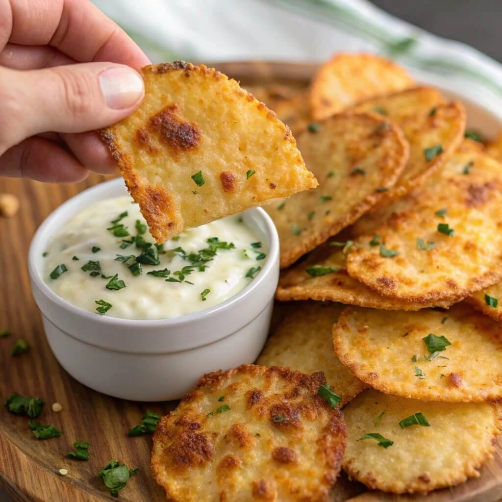 A bowl of cottage cheese chips with a side of creamy dip on a wooden table.