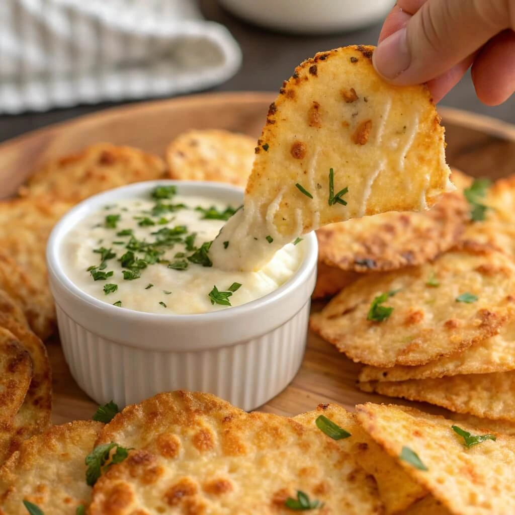 Cottage cheese chips baked to a golden crisp on a parchment-lined baking sheet.