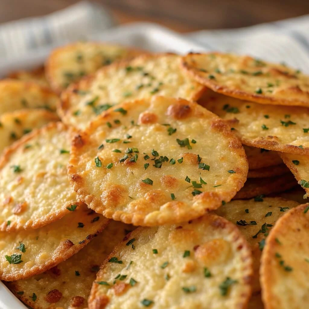 Homemade cottage cheese chips stacked on a plate with seasoning sprinkled on top.