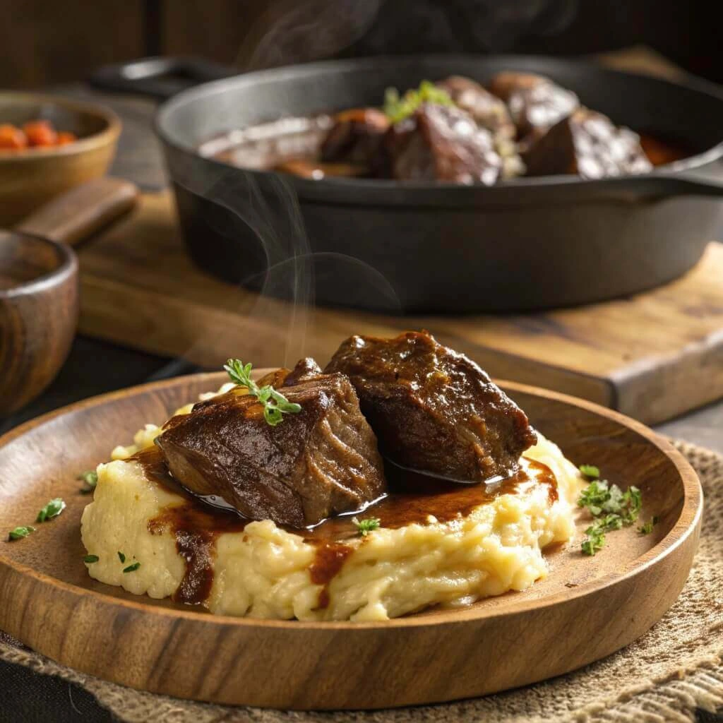 Beef cheek meat cooking in a slow cooker for tender results