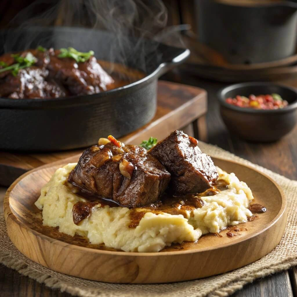 Beef cheek meat cooked in a savory sauce, ready to serve