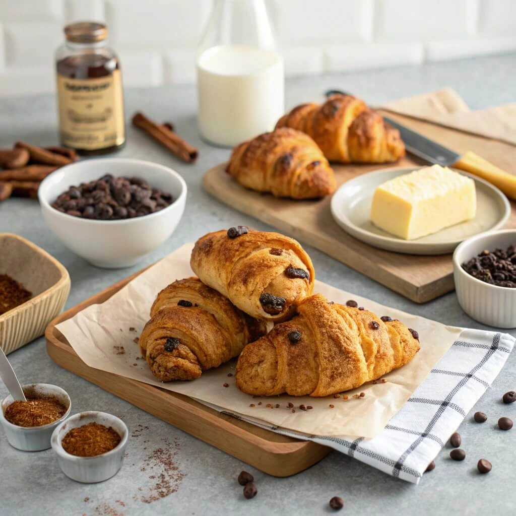 Cookie croissant recipe with melted chocolate chips and crispy golden layers.