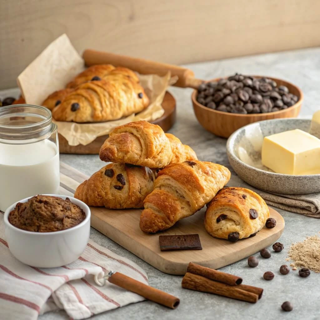 Cookie croissant with chocolate filling served on a cozy kitchen counter.