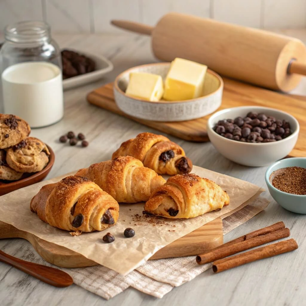 Freshly baked cookie croissant with a chocolate chip filling on a wooden board.