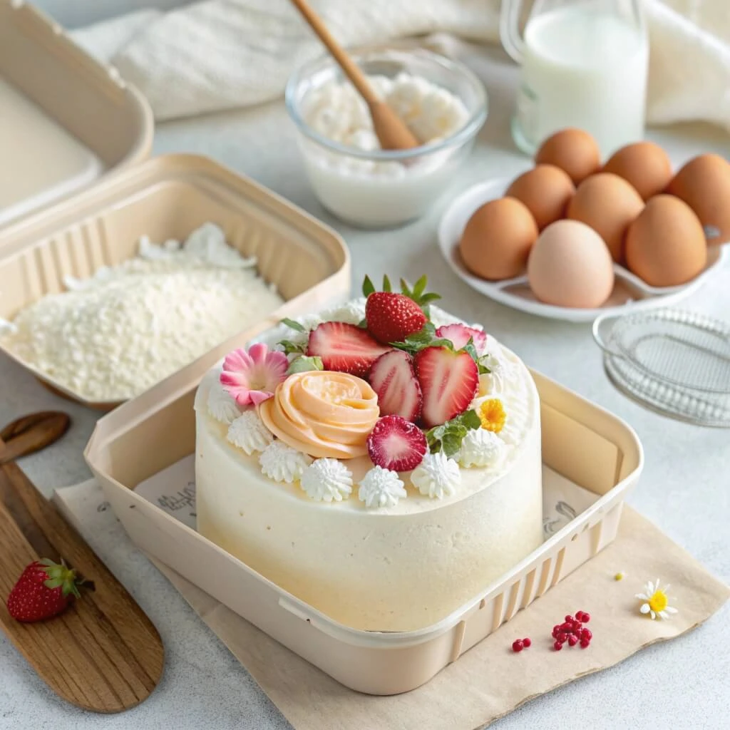 Bento cake decorated with fresh fruit and whipped cream in a stylish bento box.