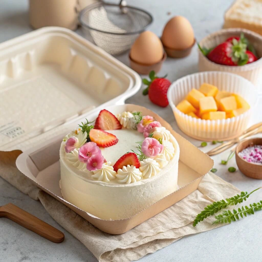 Bento cake with smooth frosting, placed inside a minimalistic lunch box.