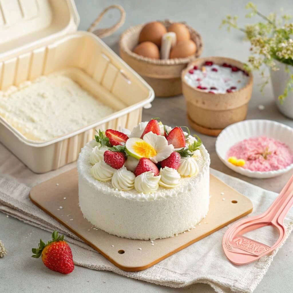 DIY bento cake decorated with edible flowers and pastel buttercream.