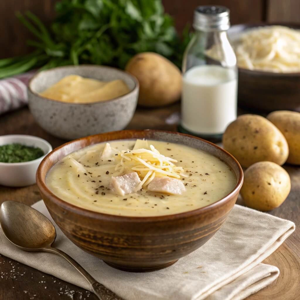 4 ingredient potato soup with Yukon Gold potatoes, milk, chicken broth, and mashed potatoes