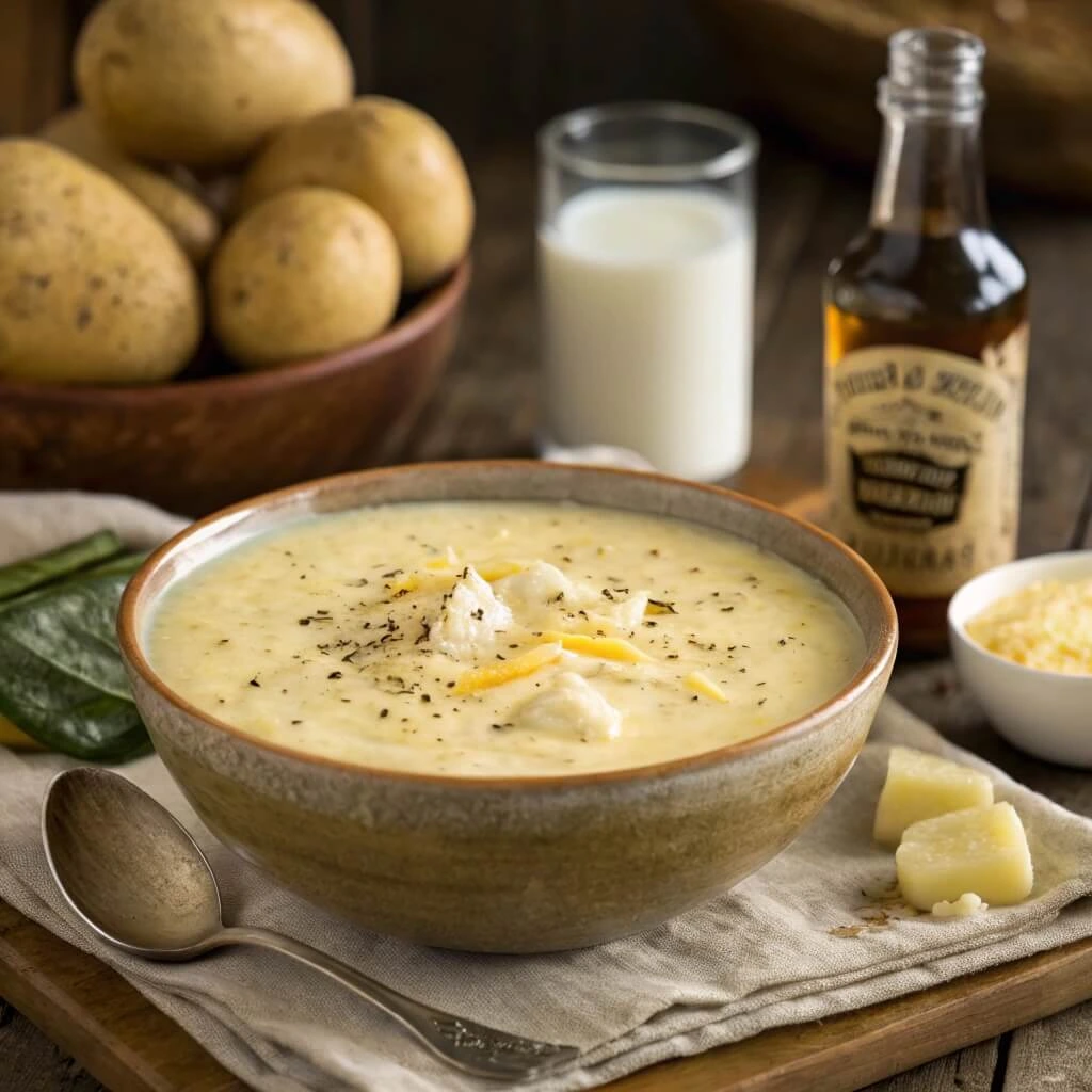 Easy 4 ingredient potato soup served in a rustic bowl with green onions and cheese